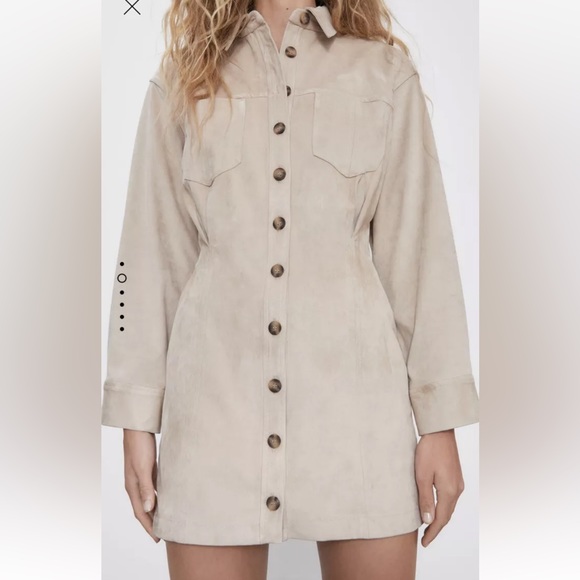 NWOT | Zara Faux Suede Button Up Mini Dress - Tan - Medium - Picture 3 of 10